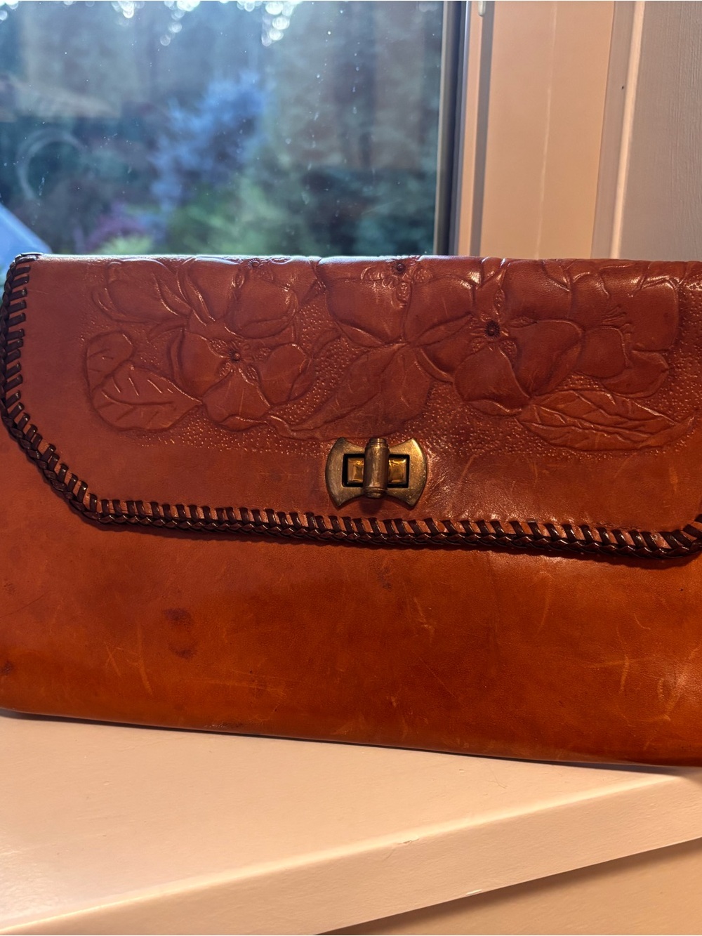 Vintage Embossed Tan Floral Leather Clutch